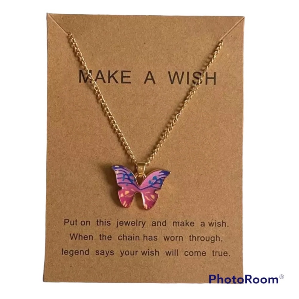 Make a Wish Pink Butterfly necklace & card Simple Fashion Retro Jewelry